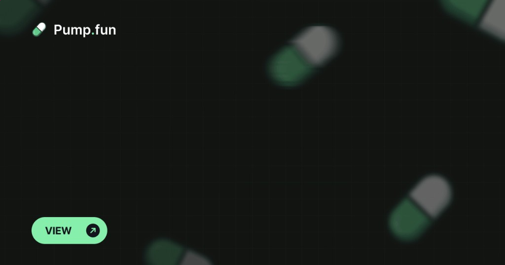 Pump.fun text and View button over floating capsule graphics